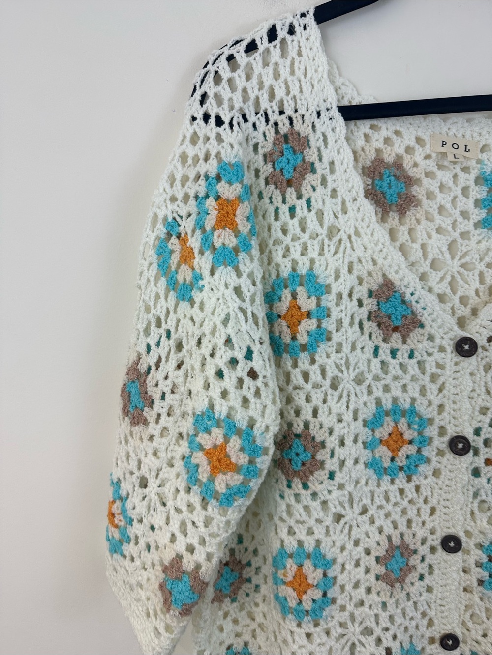 Pol White Crochet Floral Button-Front Sweater Cardigan Granny Square Large - Picture 2 of 5
